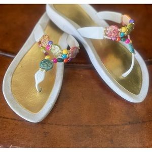 Like New White & Gold Flip Flops with Decorative Colored Beads 8